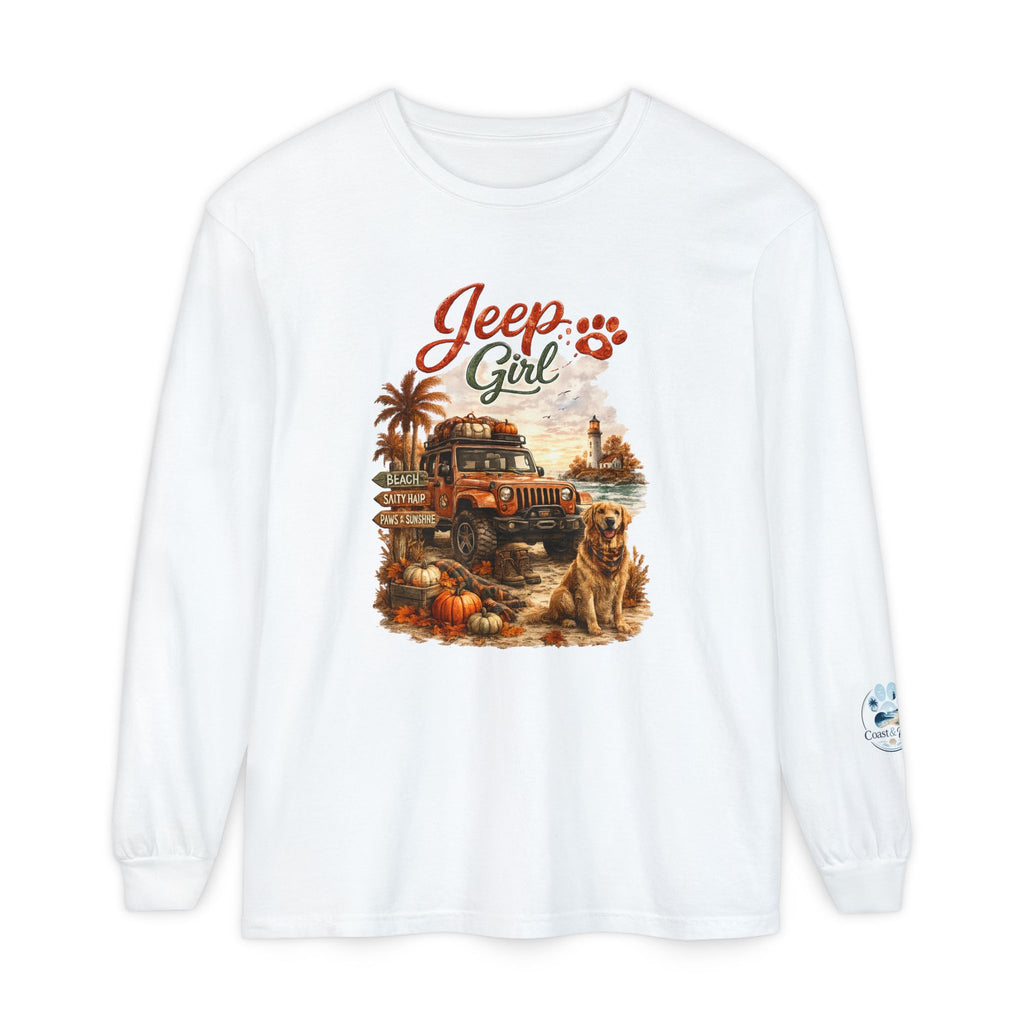 Jeep Girl Long Sleeve Tee — Fall Adventure Pumpkins & Dog Graphic