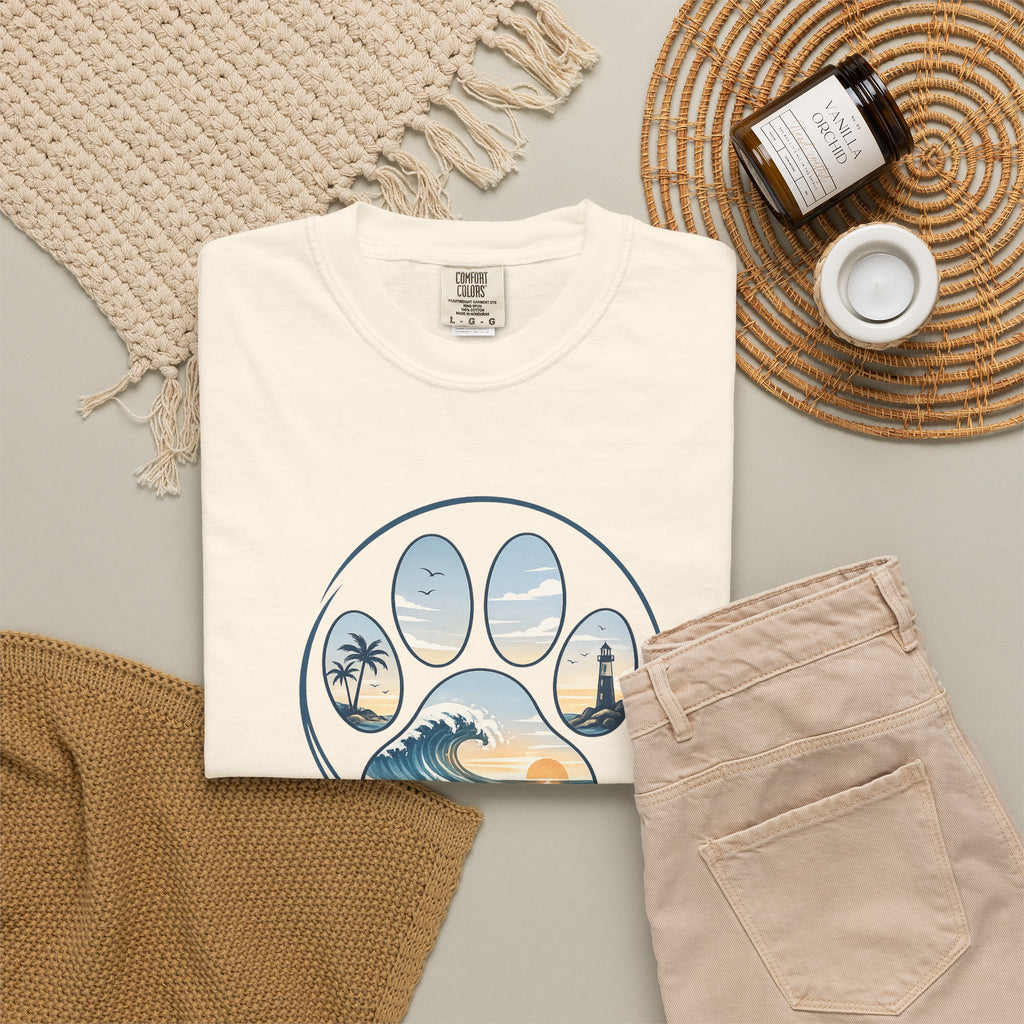 Ocean Paw Surf T-Shirt — Beach Sunset Paw Print Tee