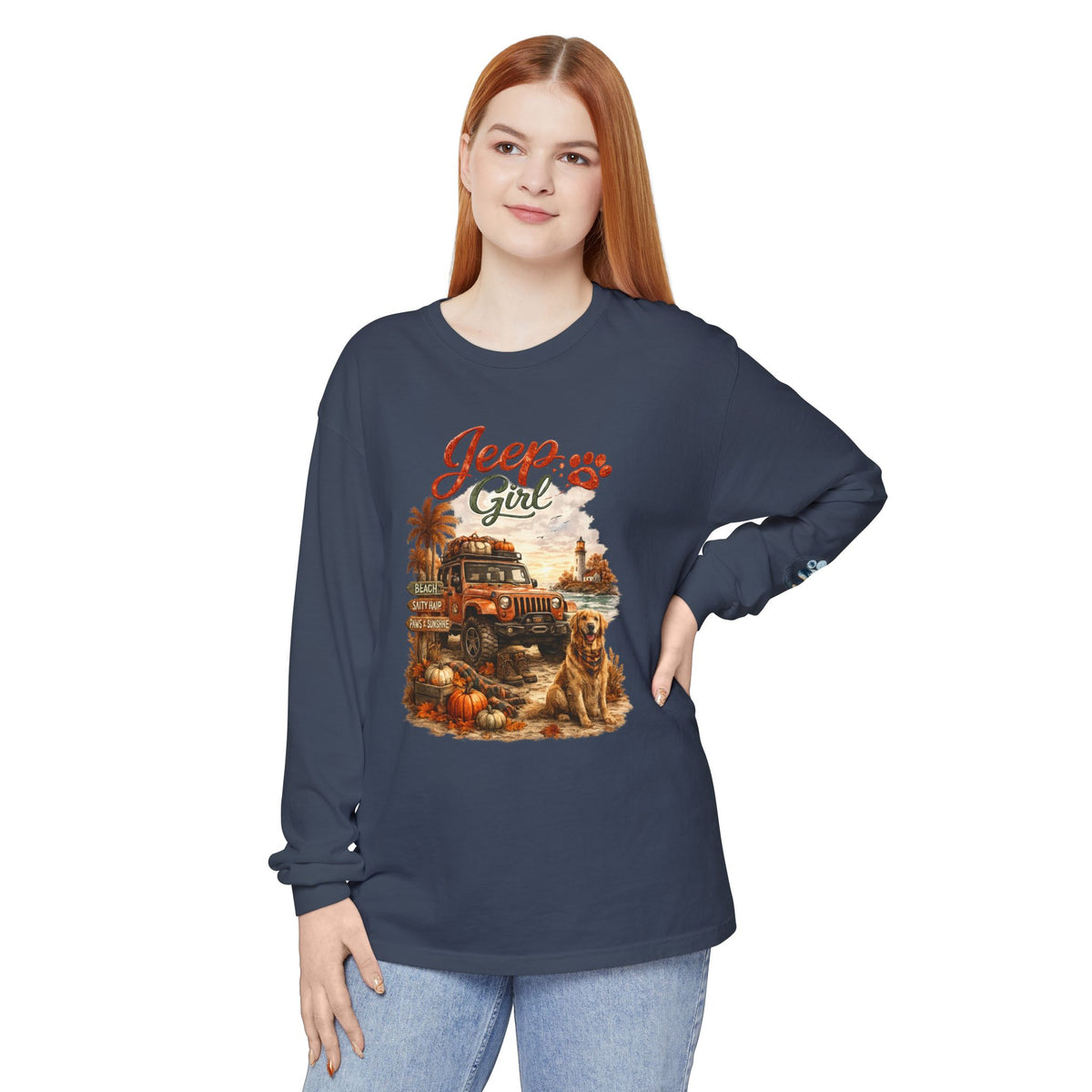 Jeep Girl Long Sleeve Tee — Fall Adventure Pumpkins & Dog Graphic
