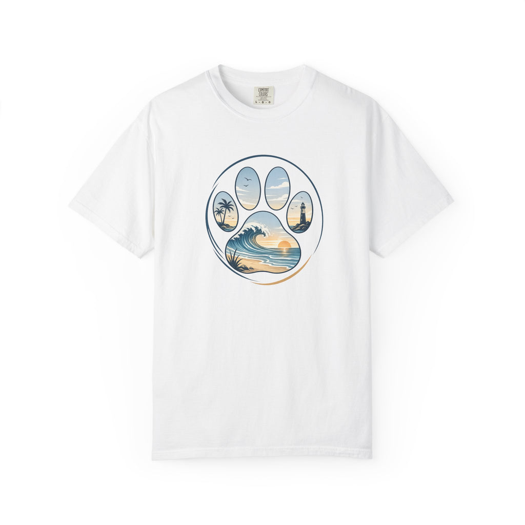 Ocean Paw Surf T-Shirt — Beach Sunset Paw Print Tee