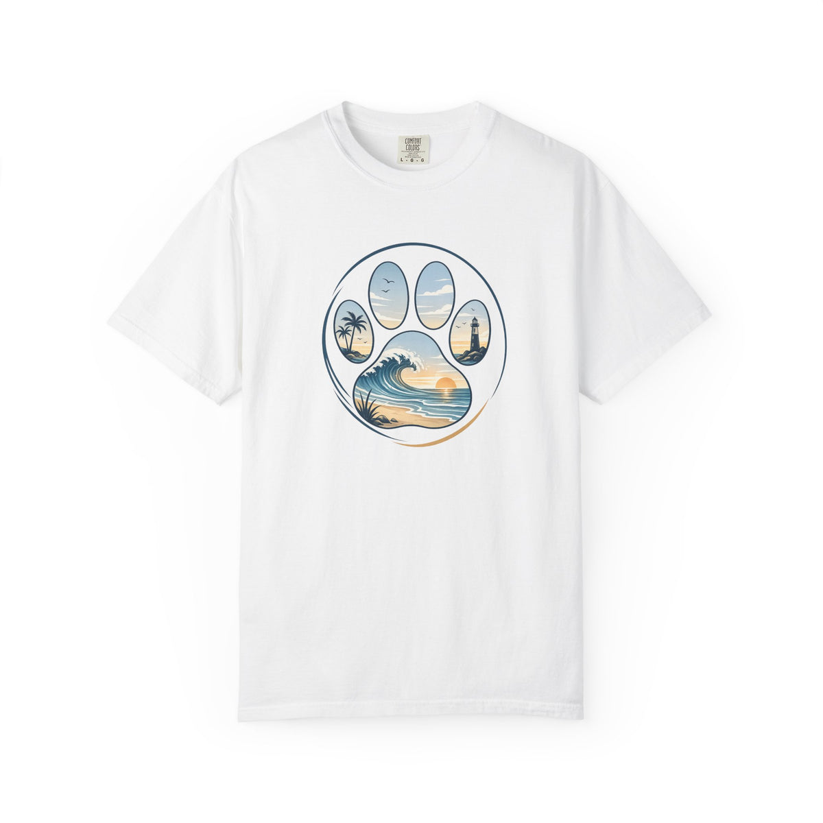 Ocean Paw Surf T-Shirt — Beach Sunset Paw Print Tee