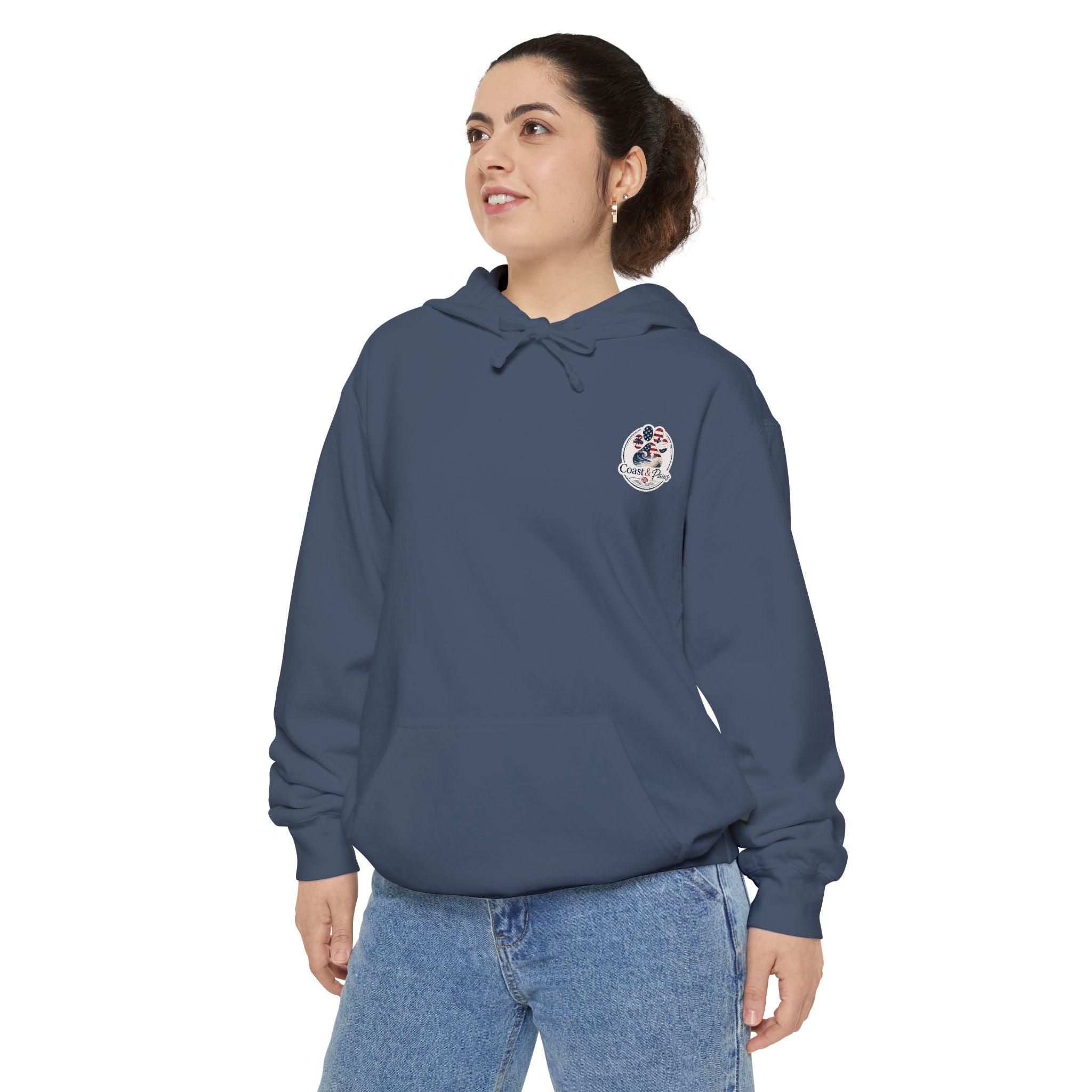 Patriotic Signature Coast & Paws Hoodie — Small Left-Chest Graphic, Cozy Casual Pullover