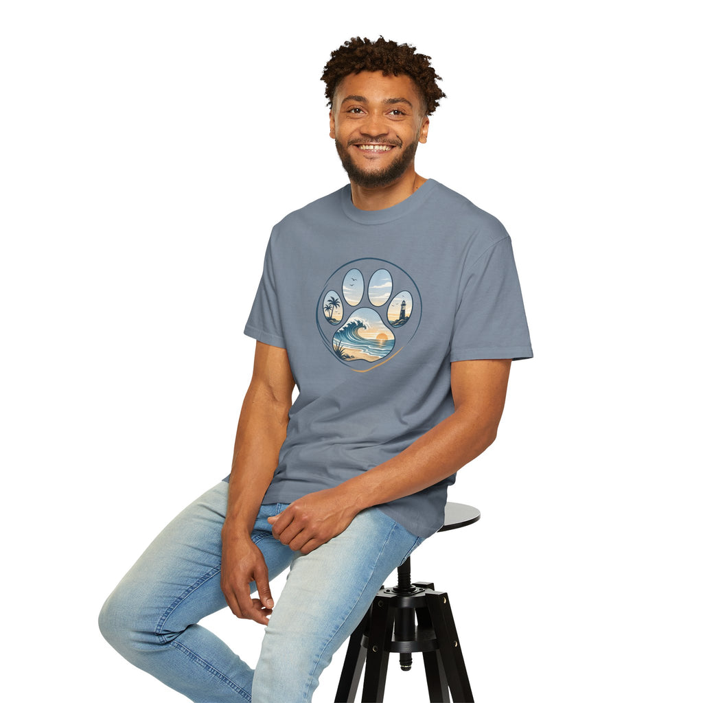 Ocean Paw Surf T-Shirt — Beach Sunset Paw Print Tee
