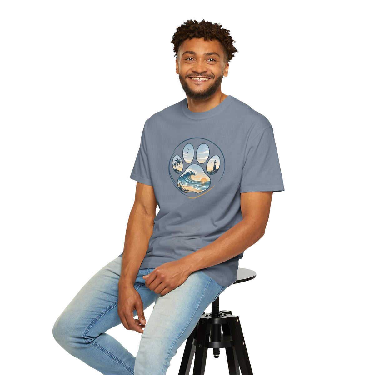 Ocean Paw Surf T-Shirt — Beach Sunset Paw Print Tee