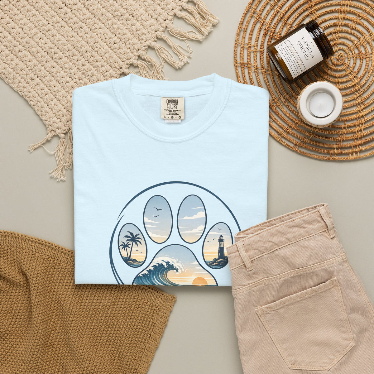 Ocean Paw Surf T-Shirt — Beach Sunset Paw Print Tee