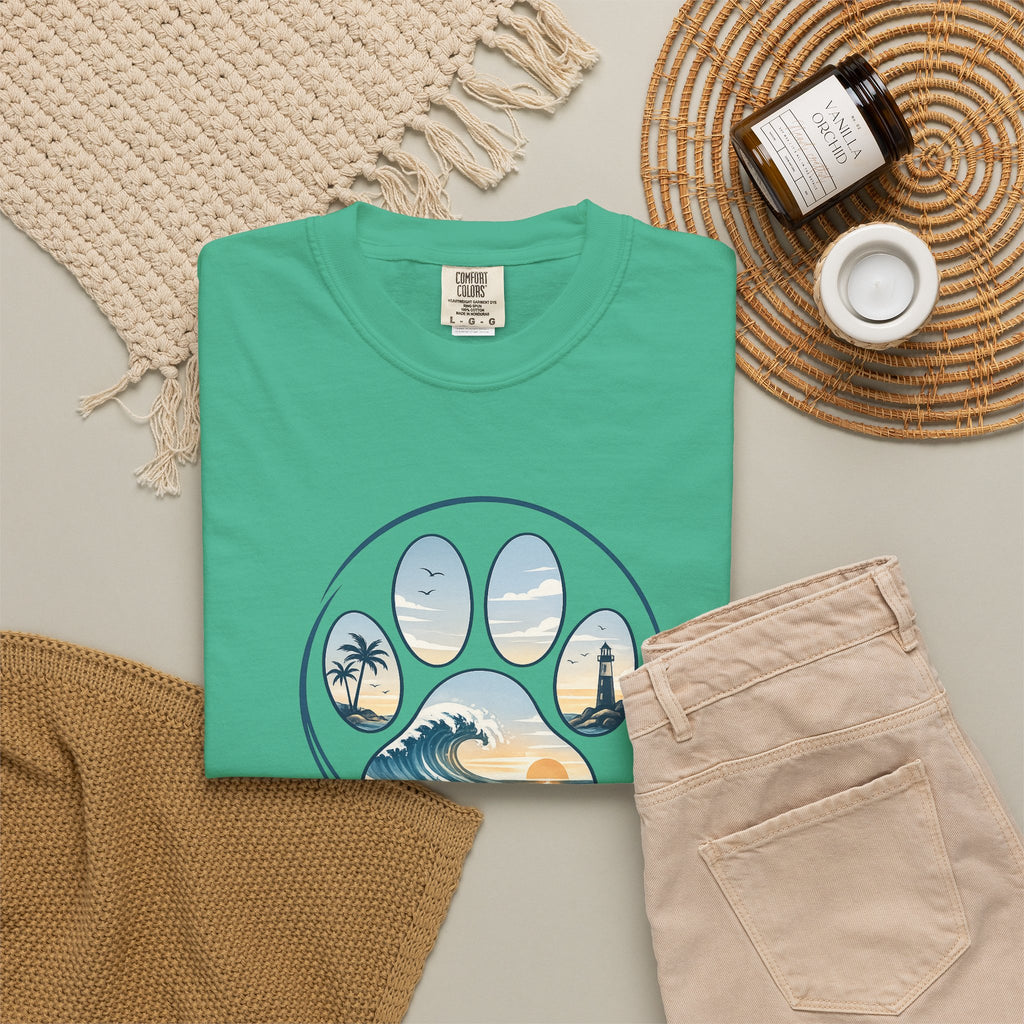 Ocean Paw Surf T-Shirt — Beach Sunset Paw Print Tee