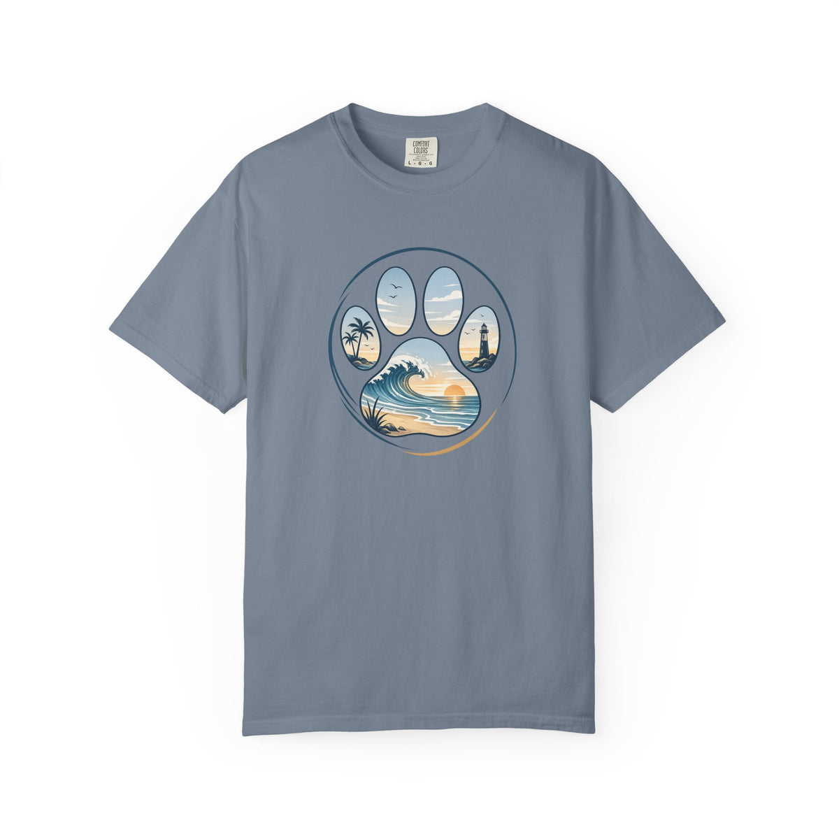Ocean Paw Surf T-Shirt — Beach Sunset Paw Print Tee