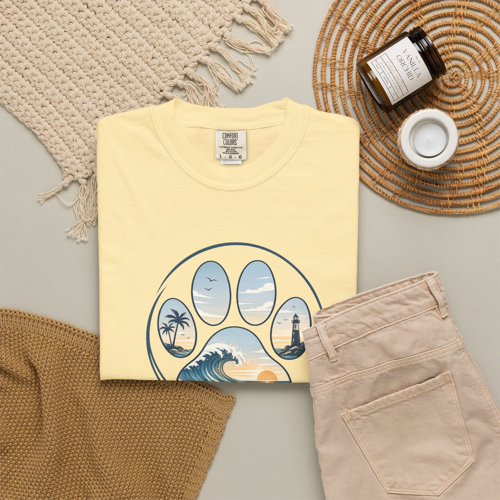 Ocean Paw Surf T-Shirt — Beach Sunset Paw Print Tee