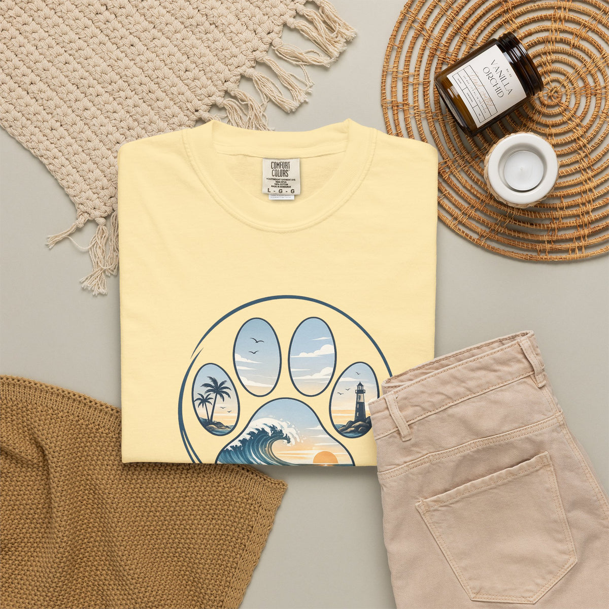 Ocean Paw Surf T-Shirt — Beach Sunset Paw Print Tee