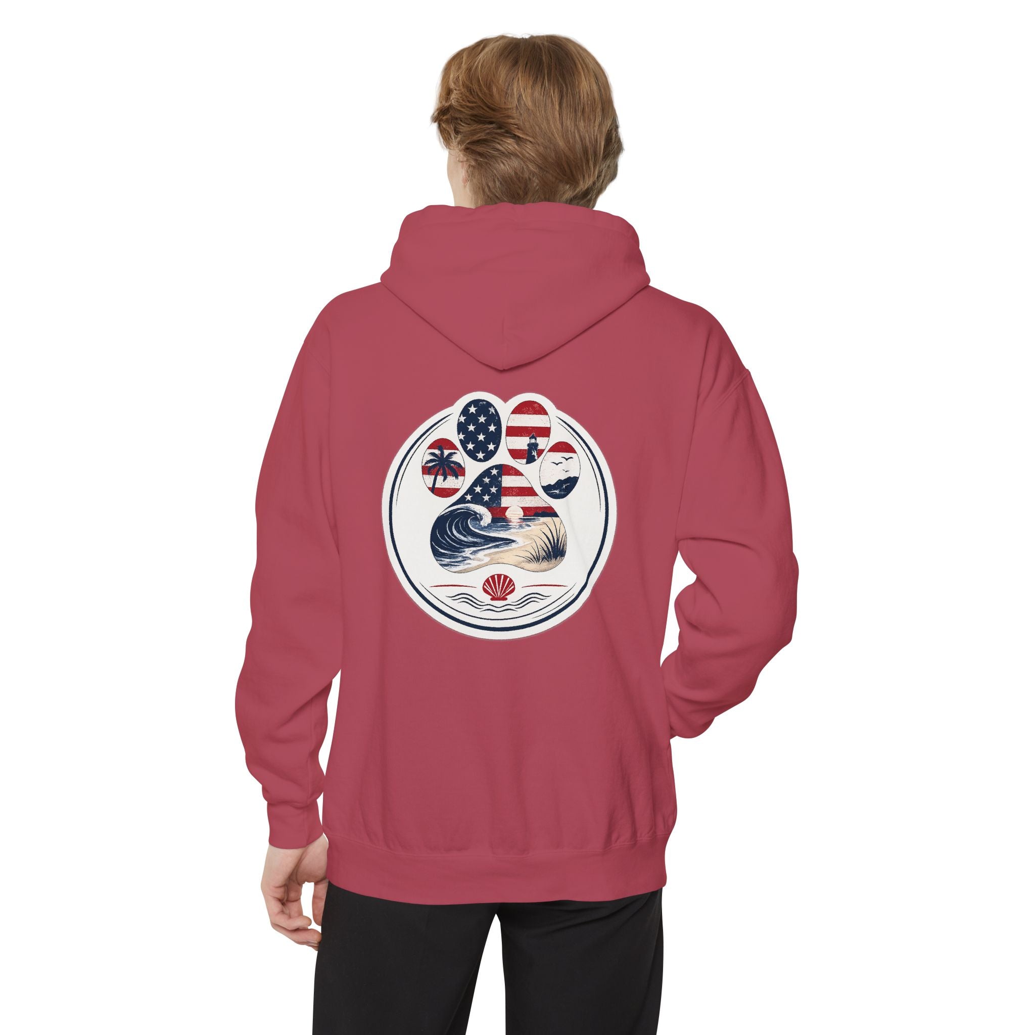 Patriotic Signature Coast & Paws Hoodie — Small Left-Chest Graphic, Cozy Casual Pullover