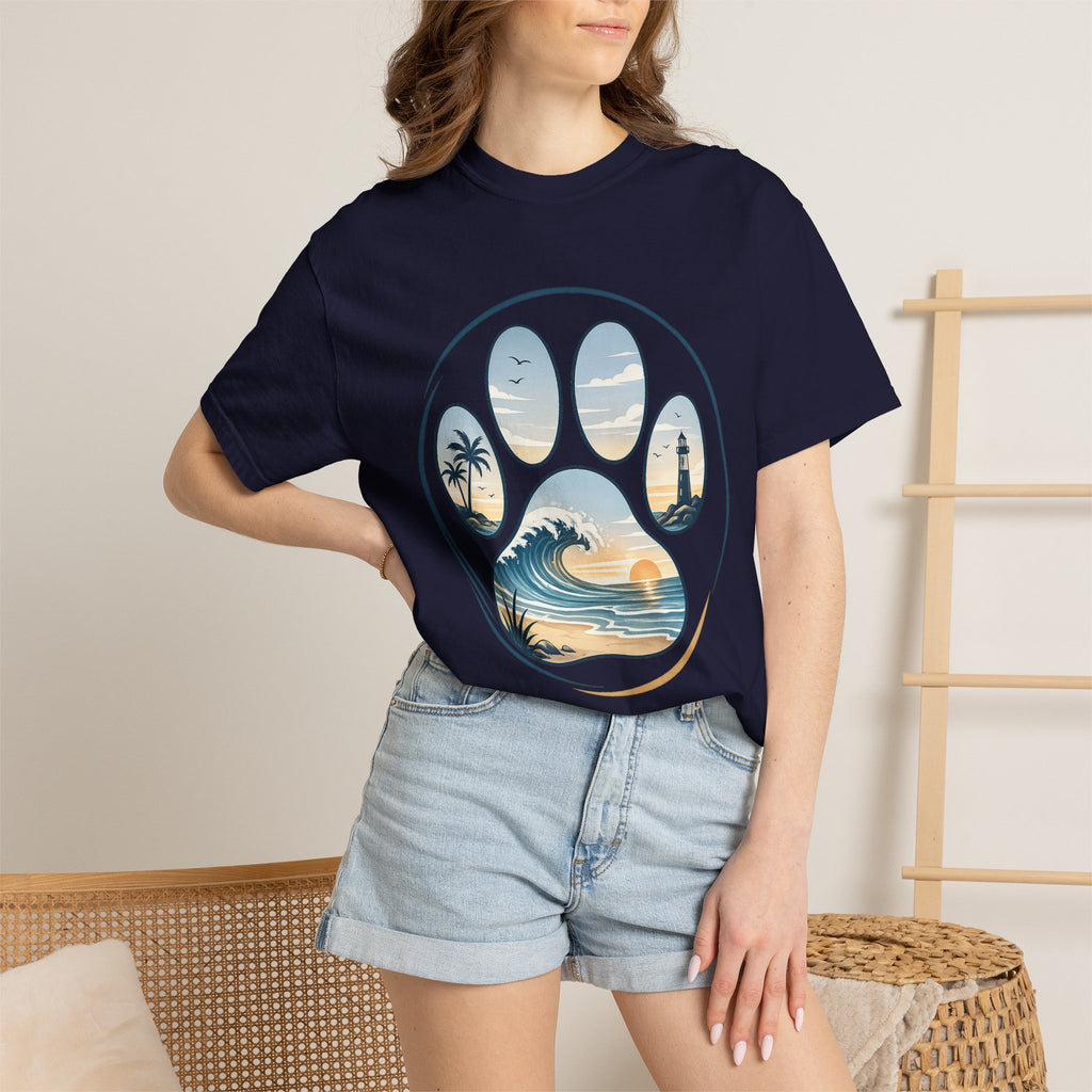 Ocean Paw Surf T-Shirt — Beach Sunset Paw Print Tee