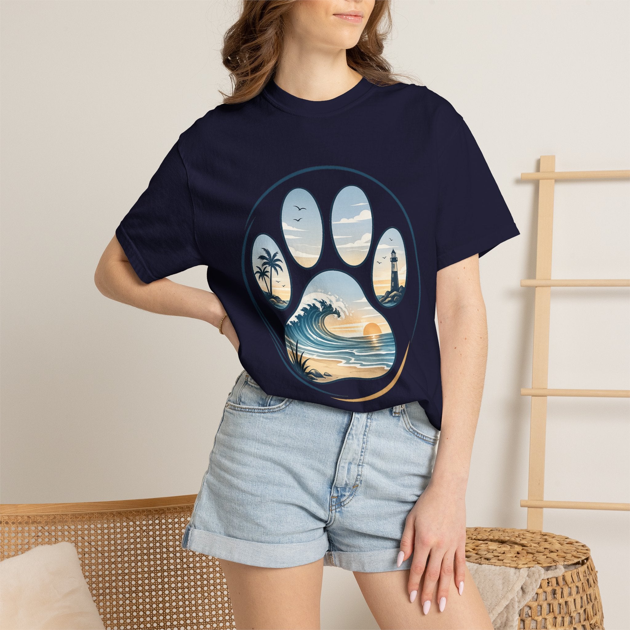 Ocean Paw Surf T-Shirt — Beach Sunset Paw Print Tee