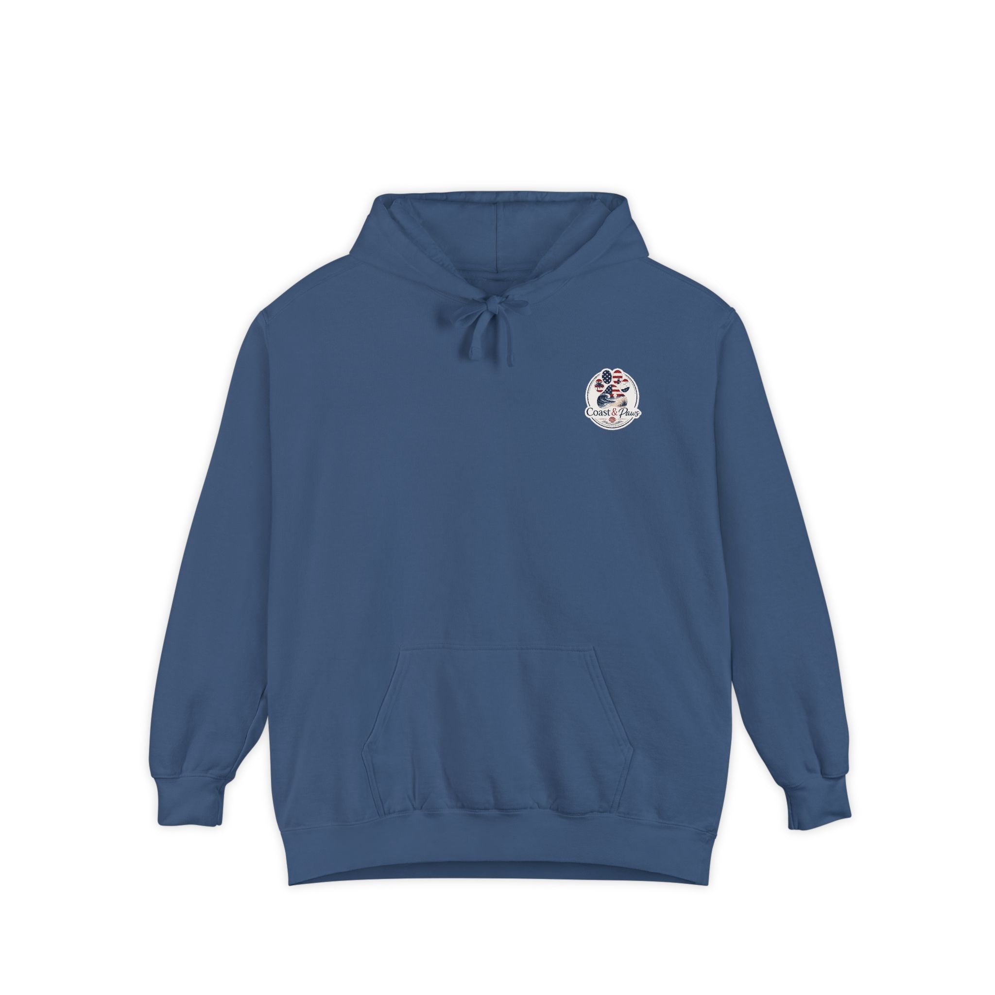 Patriotic Signature Coast & Paws Hoodie — Small Left-Chest Graphic, Cozy Casual Pullover