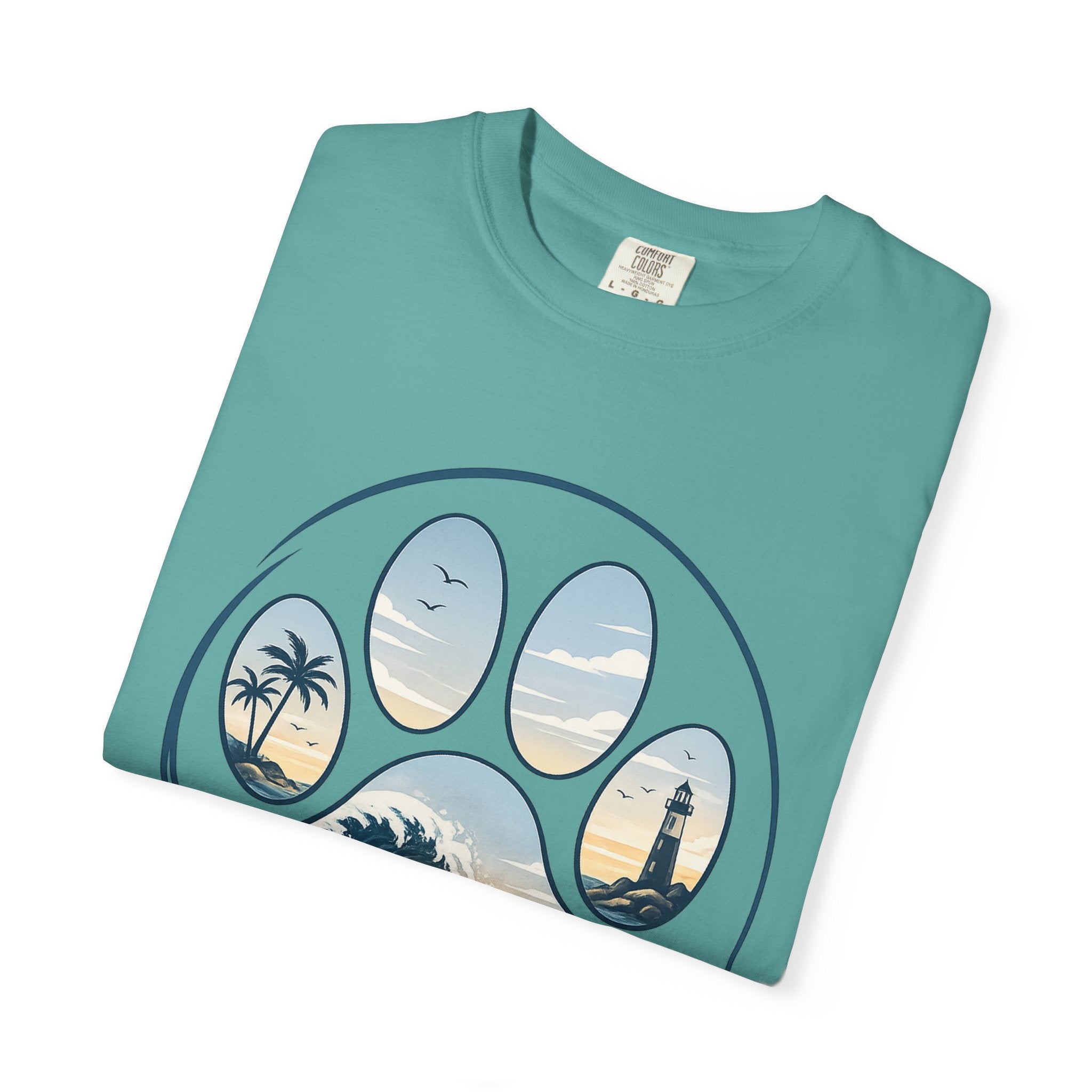 Ocean Paw Surf T-Shirt — Beach Sunset Paw Print Tee