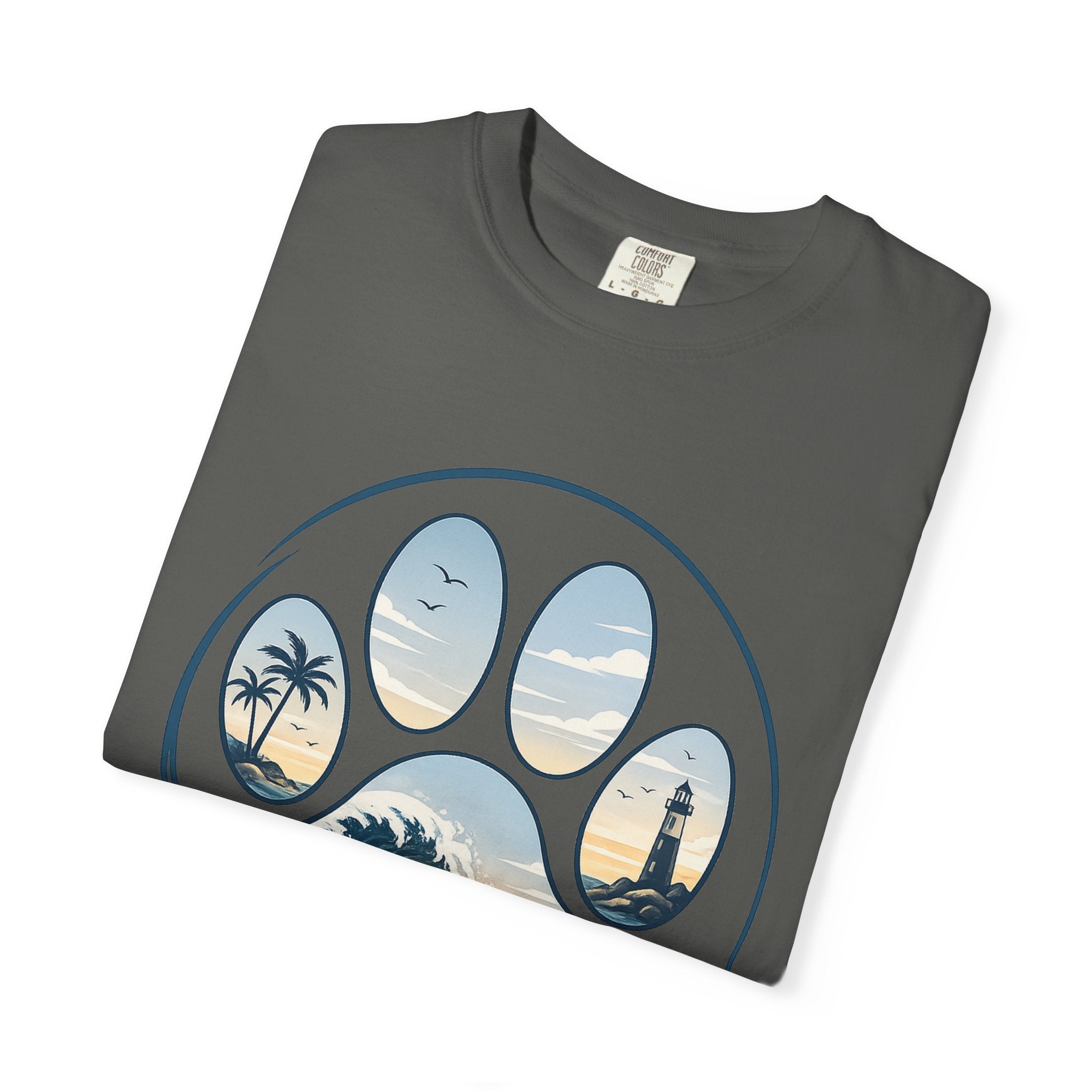 Ocean Paw Surf T-Shirt — Beach Sunset Paw Print Tee