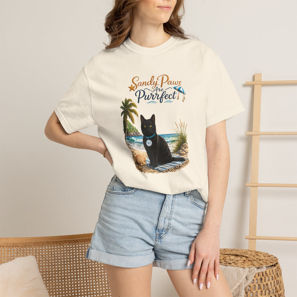 Sandy Paws Are Purrfect - Comfort Colors Unisex Garment Dyed Cat Beach T-Shirt