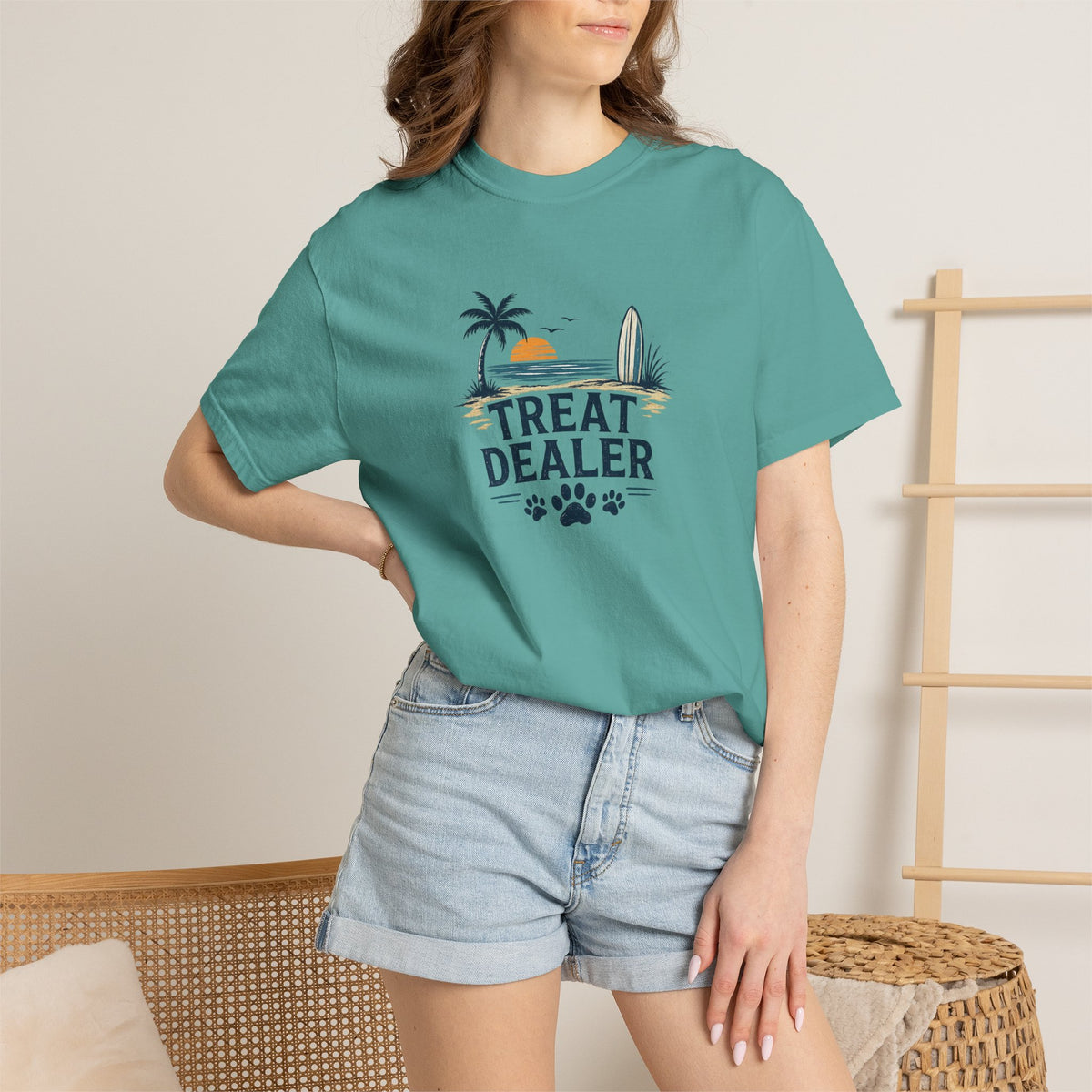 Treat Dealer Beach T-Shirt — Cute Dog Paw Surf Graphic