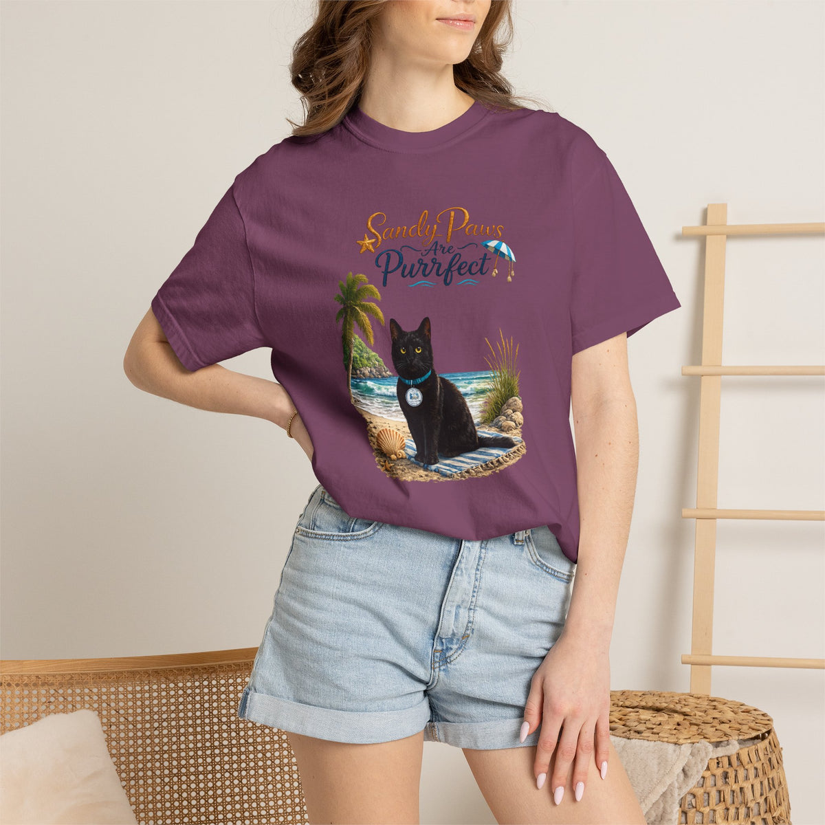 Sandy Paws Are Purrfect - Comfort Colors Unisex Garment Dyed Cat Beach T-Shirt