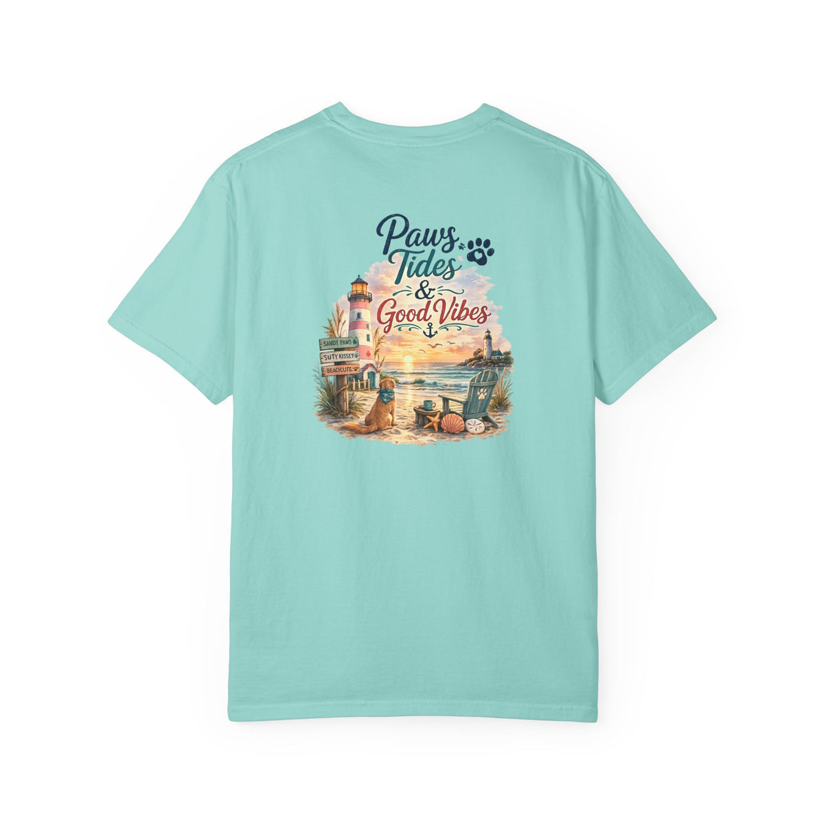 Paws Tides & Good Vibes T-Shirt | Beach Dog Paw Print Coastal Scene