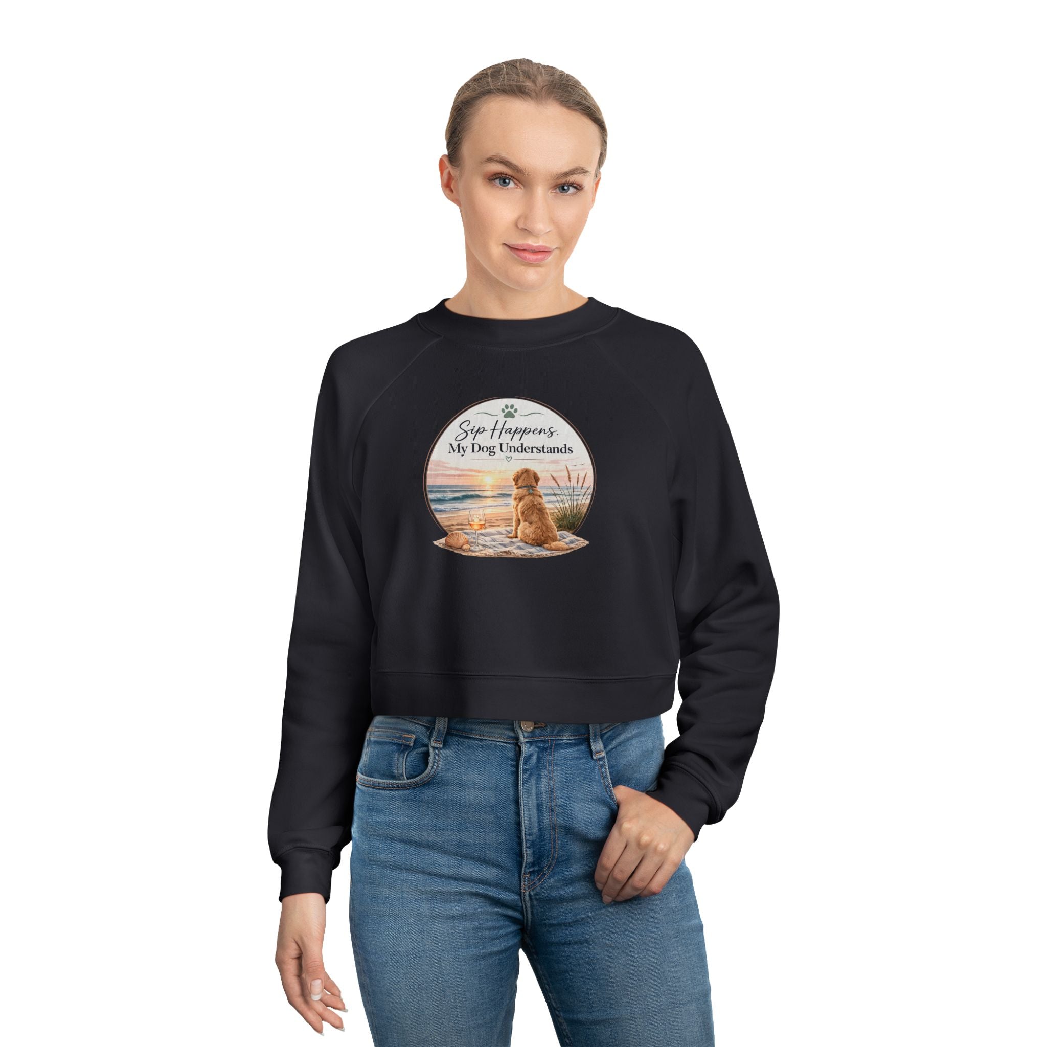 Cropped Pullover – Golden Retriever Beach "Sip Happens My Dog Understands" Graphic