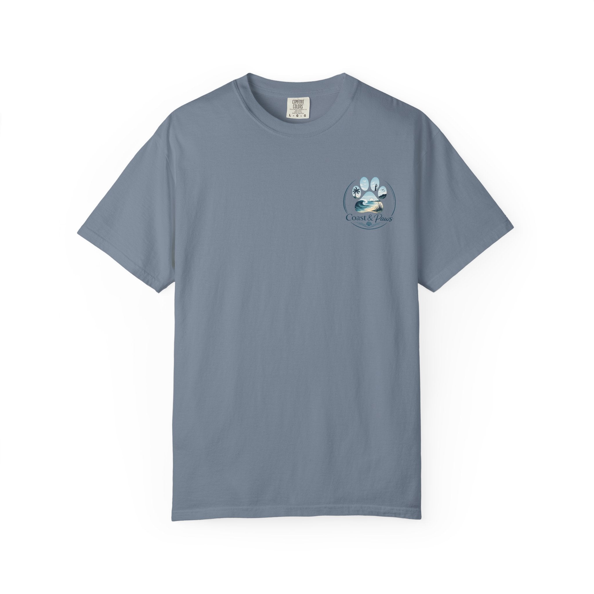 Paws Tides & Good Vibes T-Shirt | Beach Dog Paw Print Coastal Scene