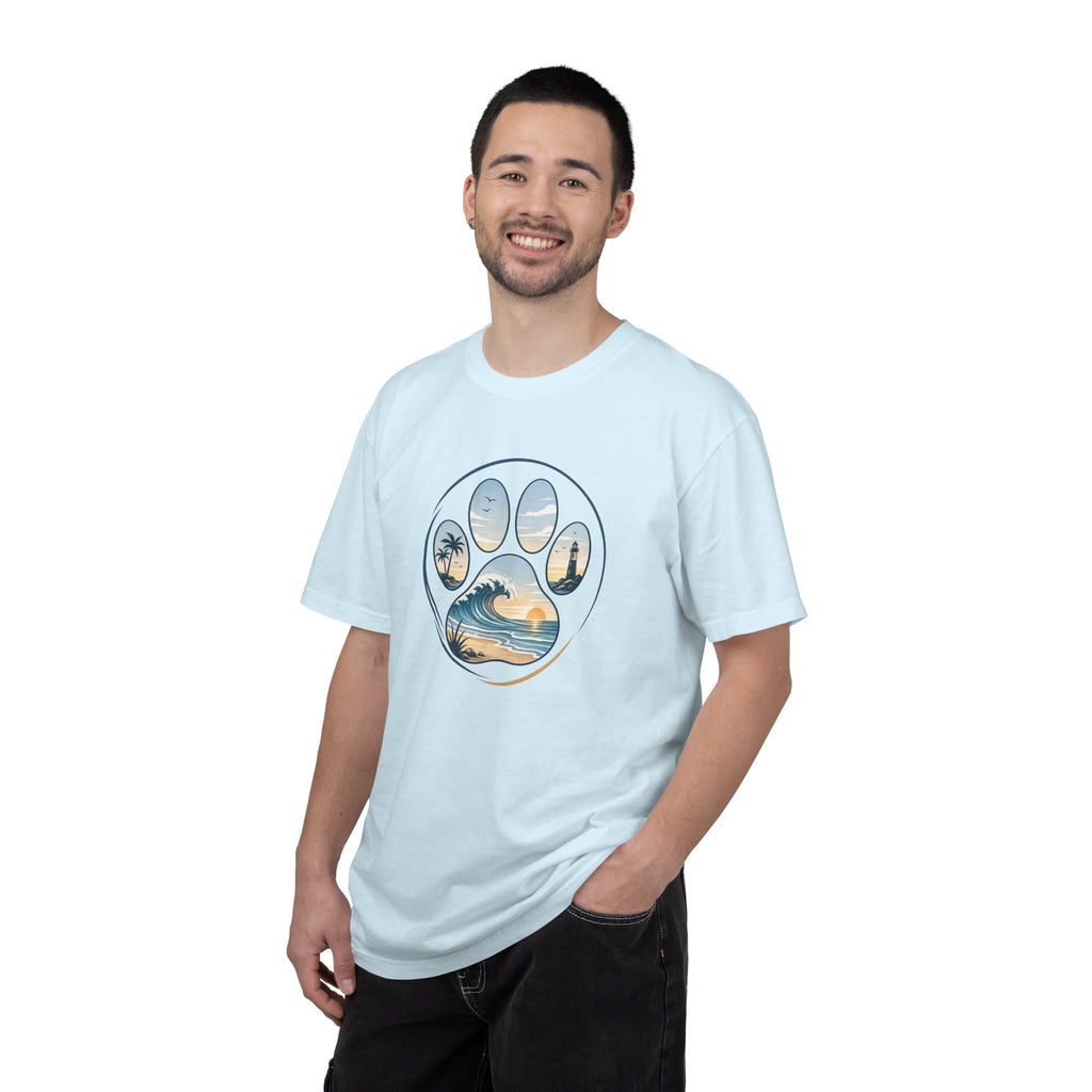 Ocean Paw Surf T-Shirt — Beach Sunset Paw Print Tee
