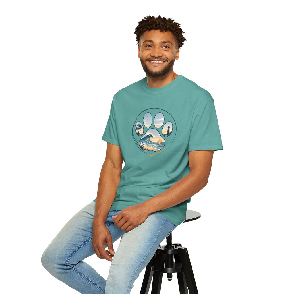 Ocean Paw Surf T-Shirt — Beach Sunset Paw Print Tee