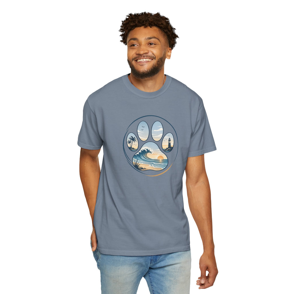 Ocean Paw Surf T-Shirt — Beach Sunset Paw Print Tee