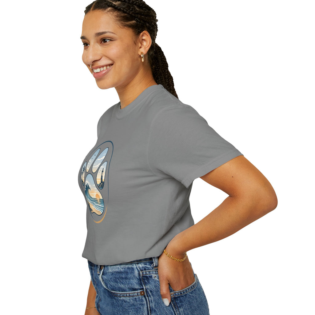 Ocean Paw Surf T-Shirt — Beach Sunset Paw Print Tee