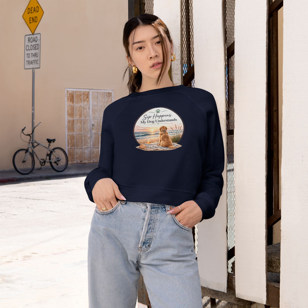 Cropped Pullover – Golden Retriever Beach "Sip Happens My Dog Understands" Graphic