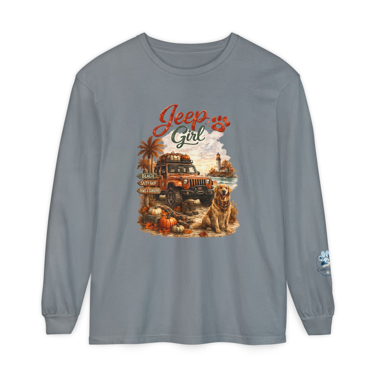 Jeep Girl Long Sleeve Tee — Fall Adventure Pumpkins & Dog Graphic