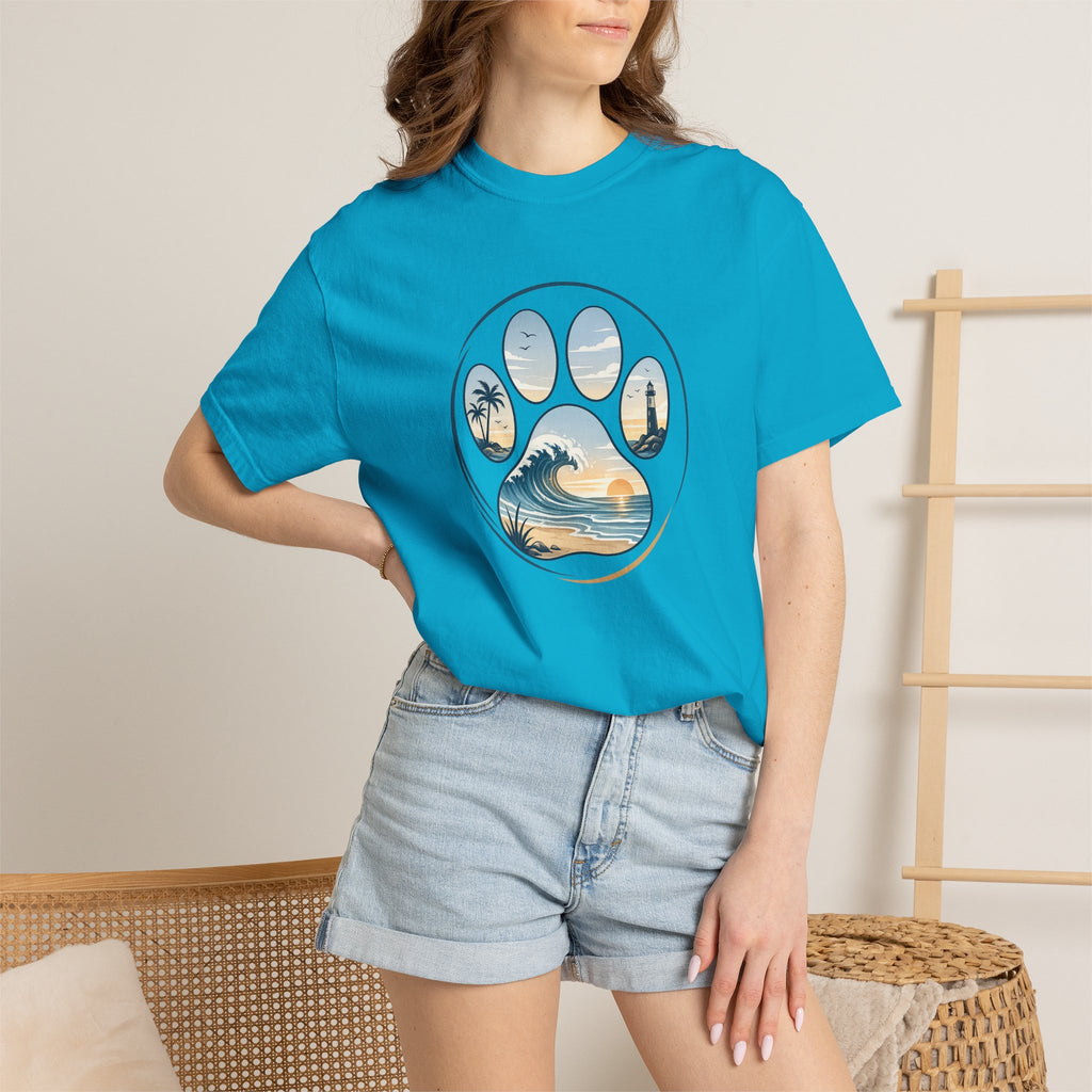 Ocean Paw Surf T-Shirt — Beach Sunset Paw Print Tee