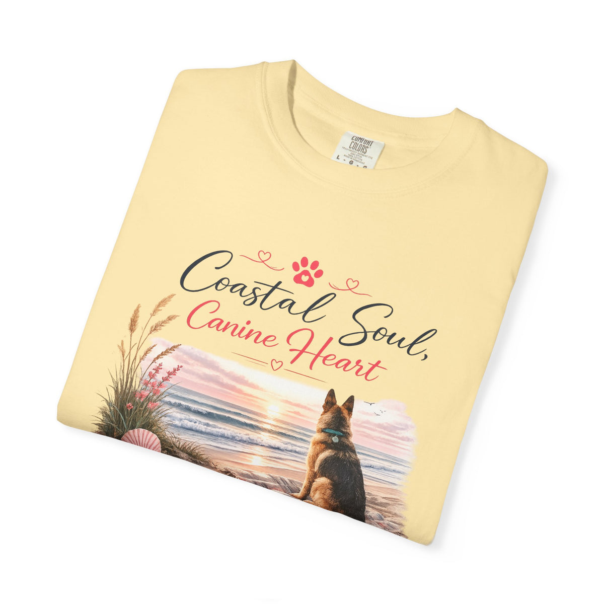 Coastal Soul Canine Heart T-shirt | Beach Dog Sunset Design