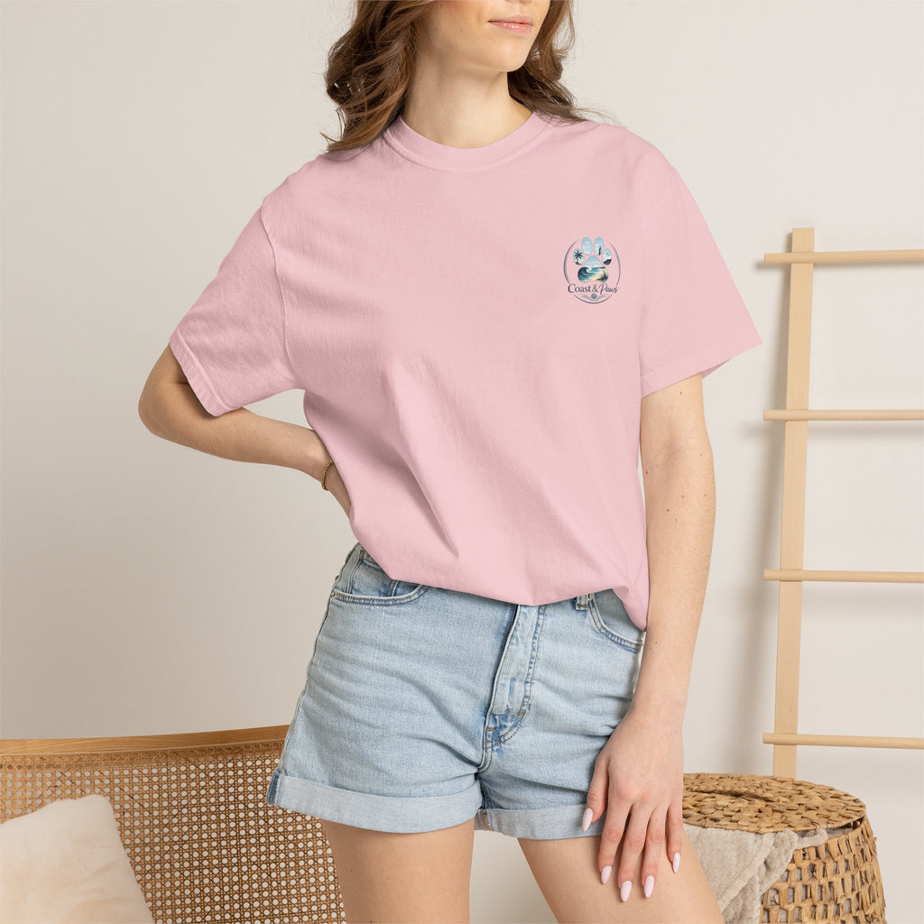 Paws Tides & Good Vibes T-Shirt | Beach Dog Paw Print Coastal Scene
