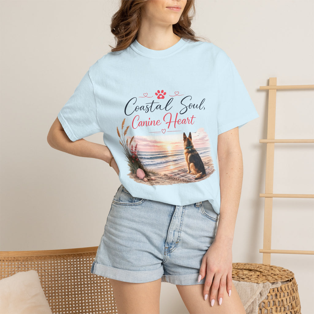 Coastal Soul Canine Heart T-shirt | Beach Dog Sunset Design