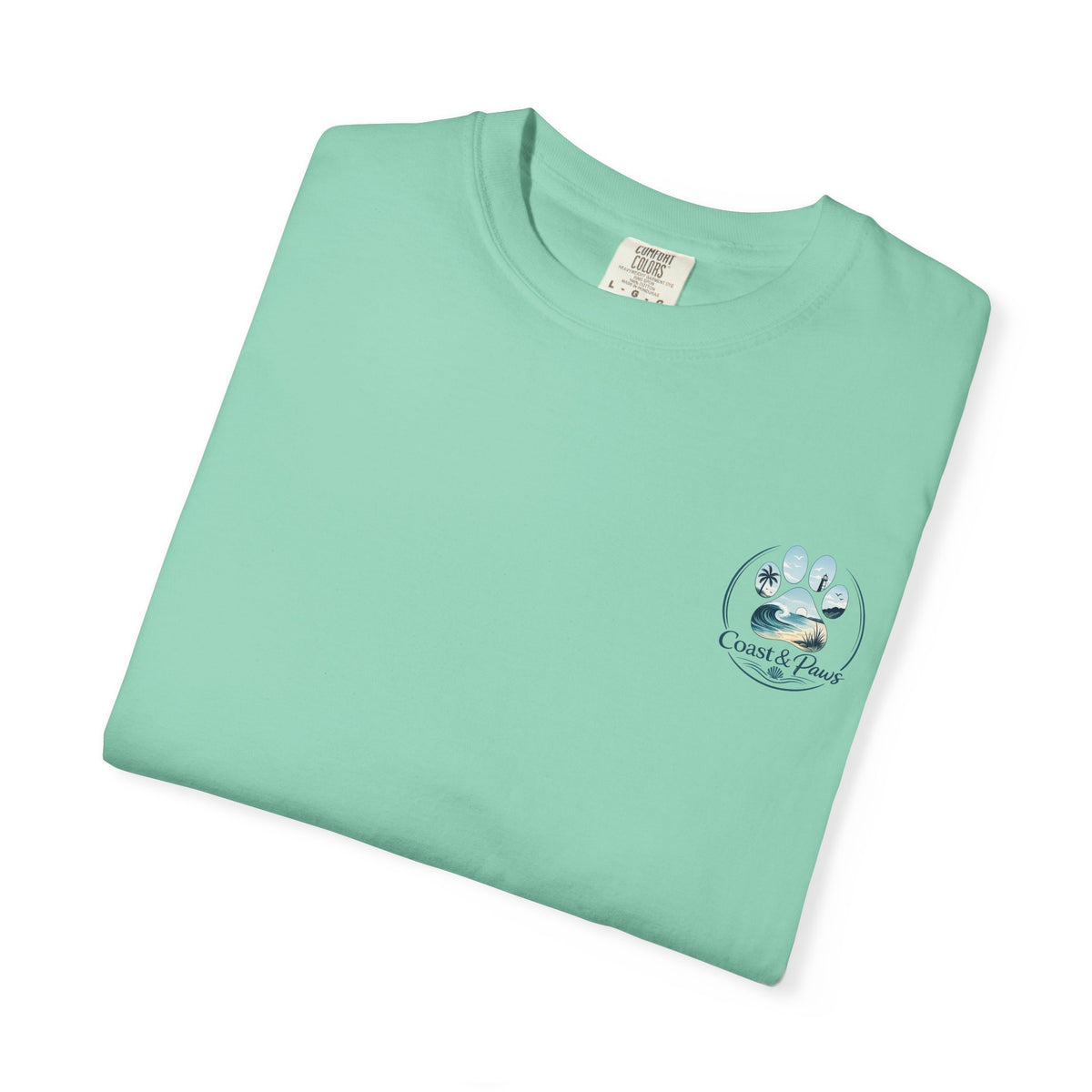 Paws Tides & Good Vibes T-Shirt | Beach Dog Paw Print Coastal Scene
