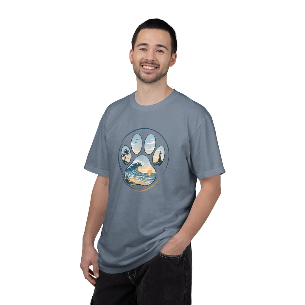 Ocean Paw Surf T-Shirt — Beach Sunset Paw Print Tee