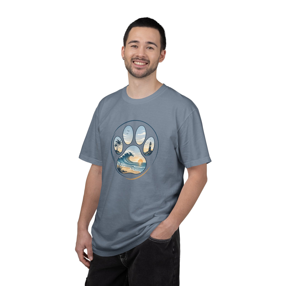 Ocean Paw Surf T-Shirt — Beach Sunset Paw Print Tee