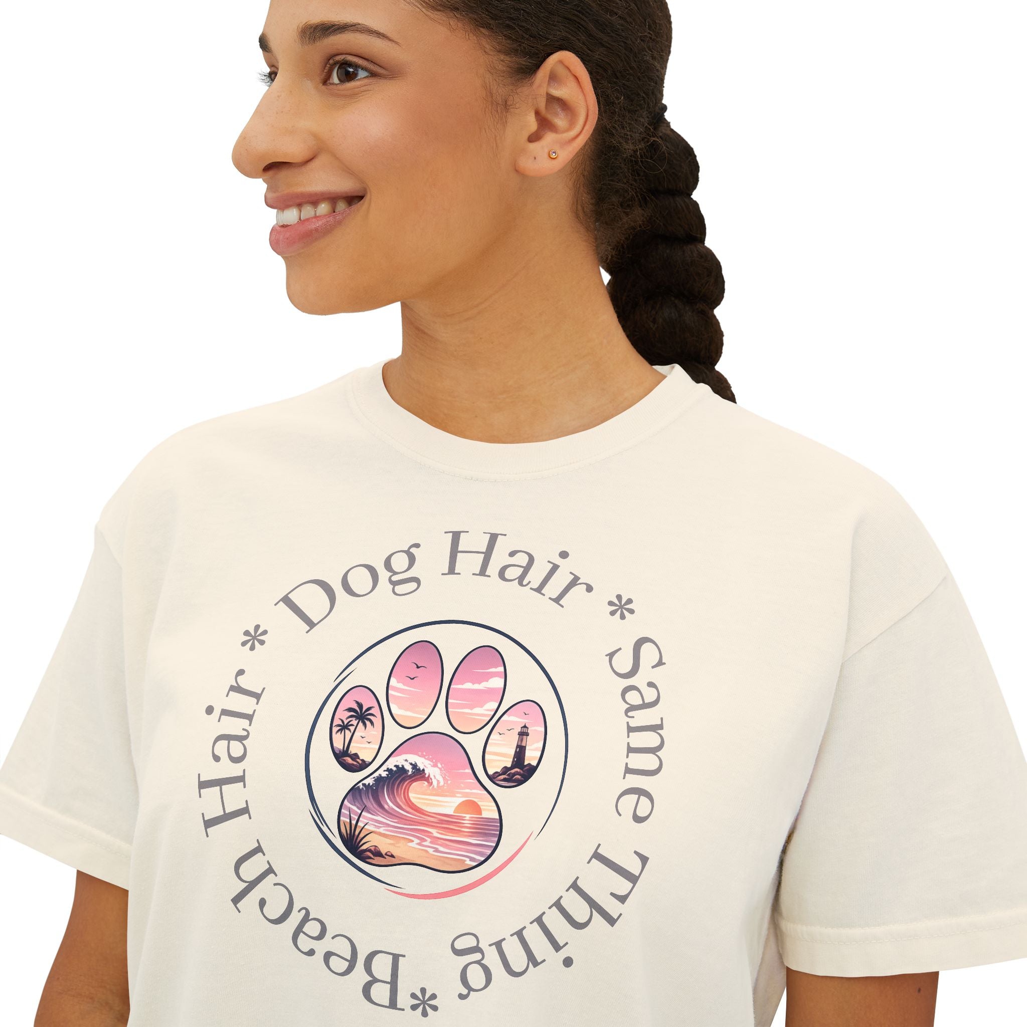 Boxy Tee "Beach Hair, Dog Hair, Same Thing" Paw Graphic