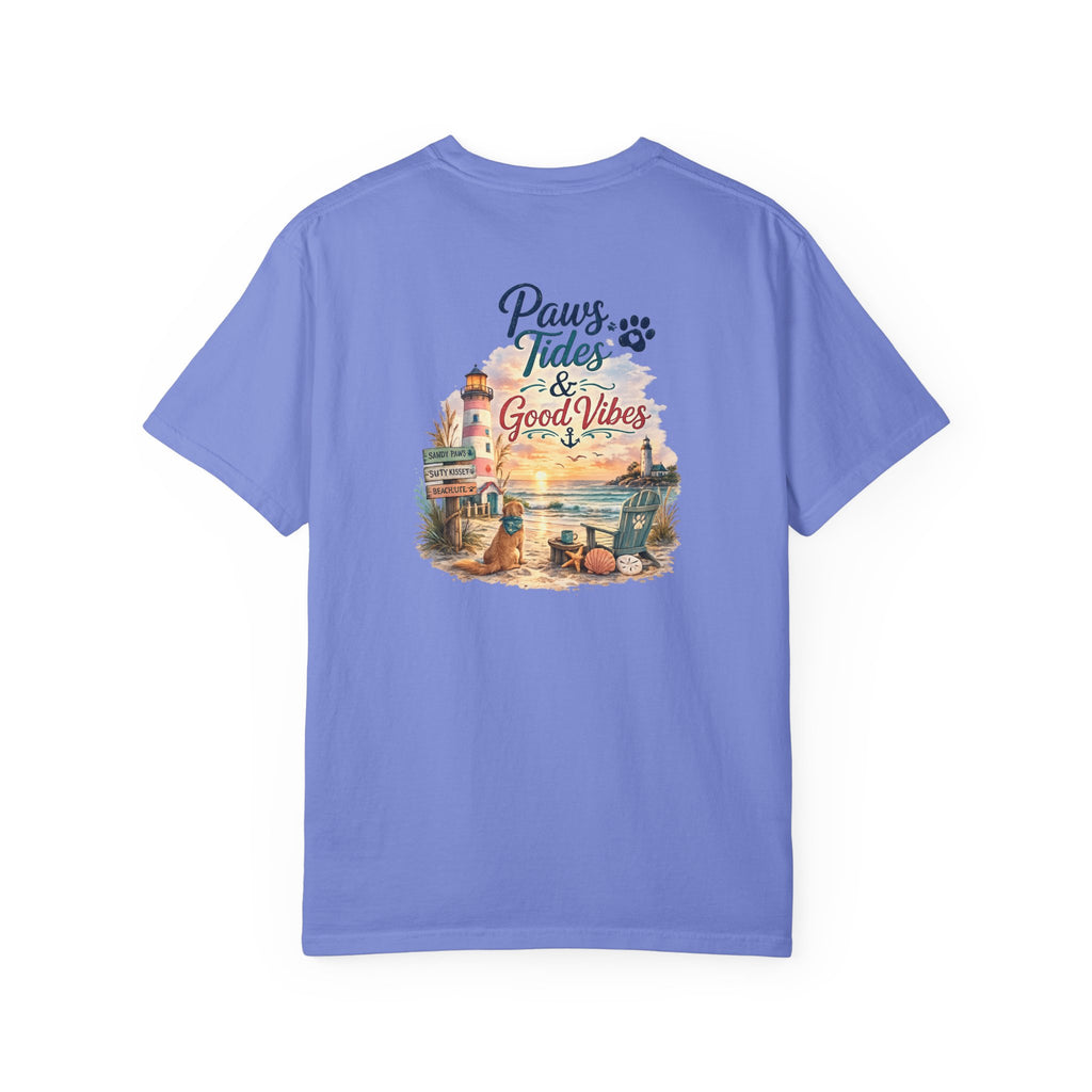 Paws Tides & Good Vibes T-Shirt | Beach Dog Paw Print Coastal Scene
