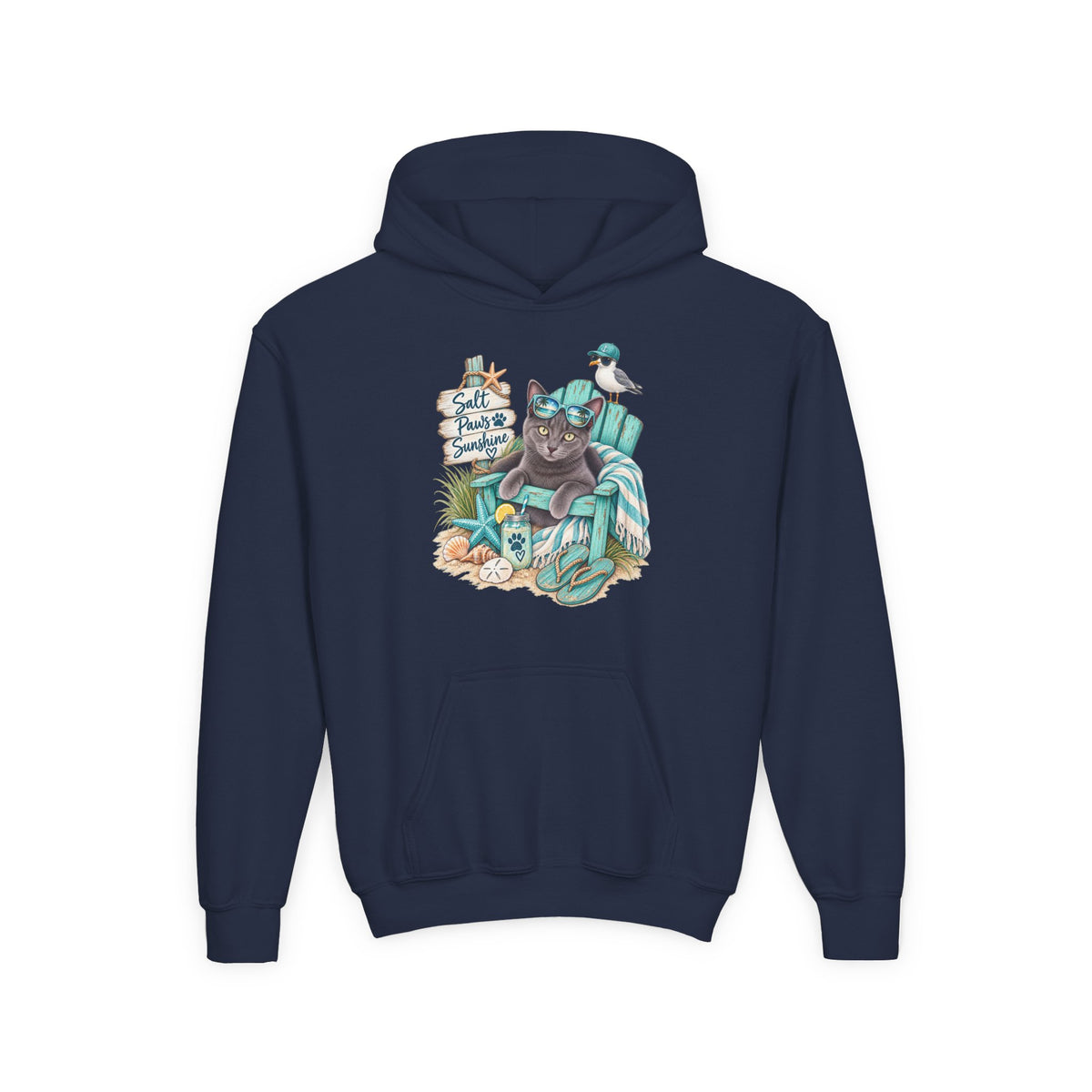 Youth Hoodie — "Sea Side Nap" Cat Beach Graphic Sweatshirt