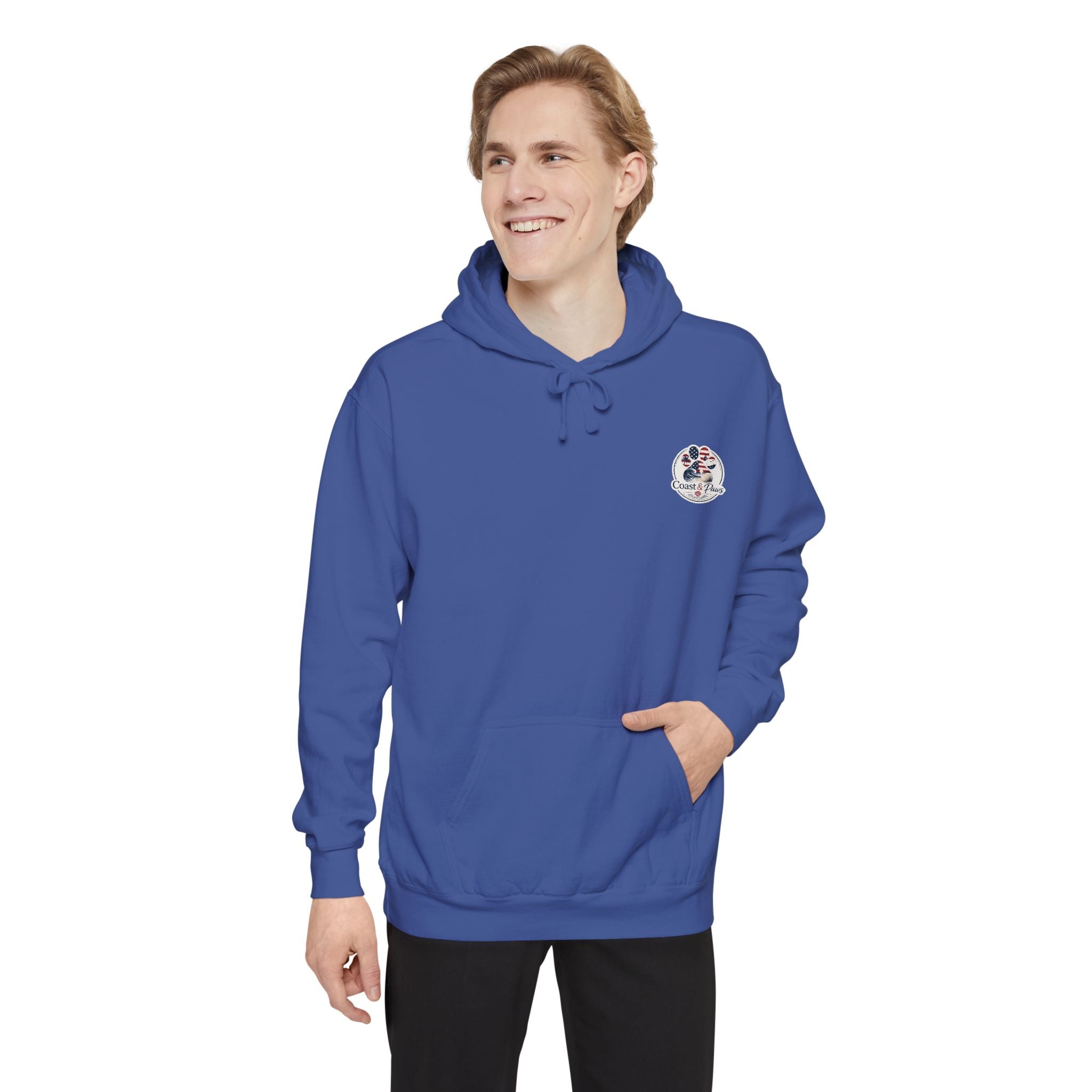 Patriotic Signature Coast & Paws Hoodie — Small Left-Chest Graphic, Cozy Casual Pullover