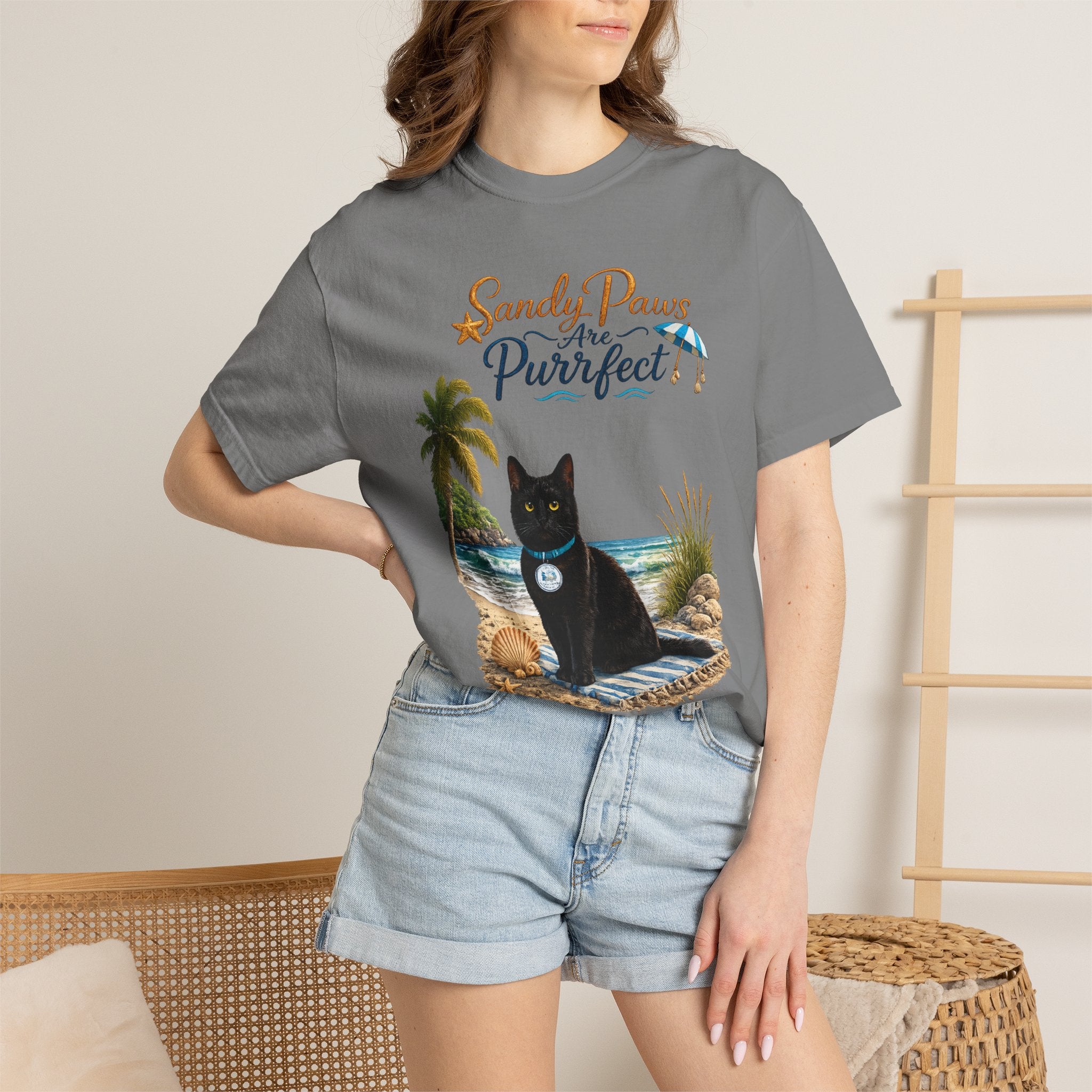 Sandy Paws Are Purrfect - Comfort Colors Unisex Garment Dyed Cat Beach T-Shirt