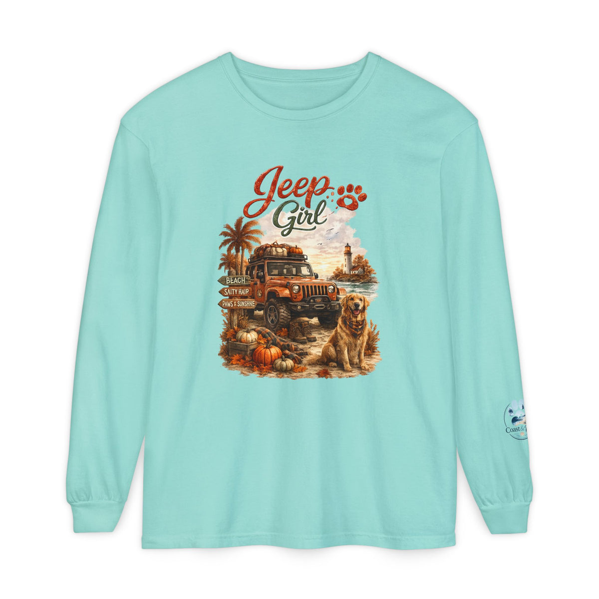 Jeep Girl Long Sleeve Tee — Fall Adventure Pumpkins & Dog Graphic
