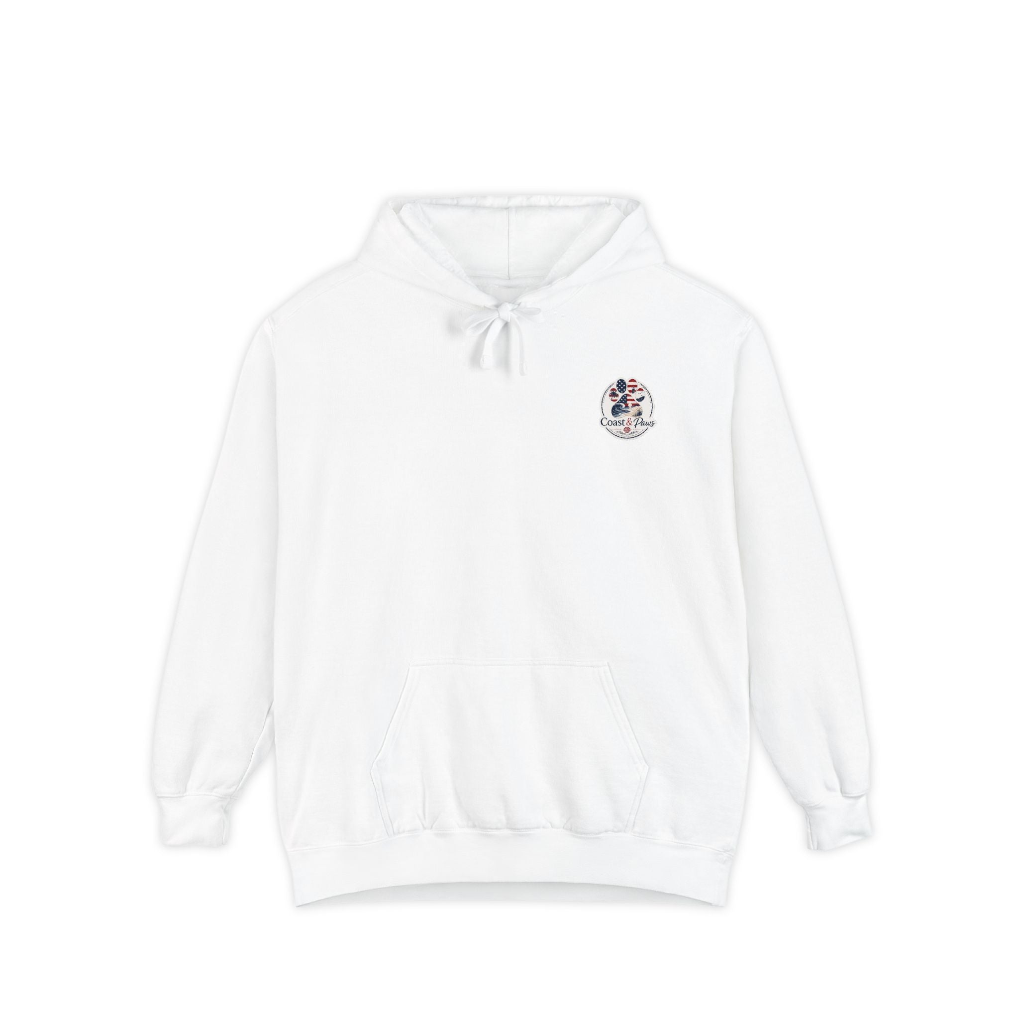 Patriotic Signature Coast & Paws Hoodie — Small Left-Chest Graphic, Cozy Casual Pullover