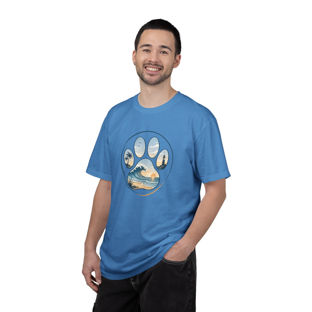 Ocean Paw Surf T-Shirt — Beach Sunset Paw Print Tee