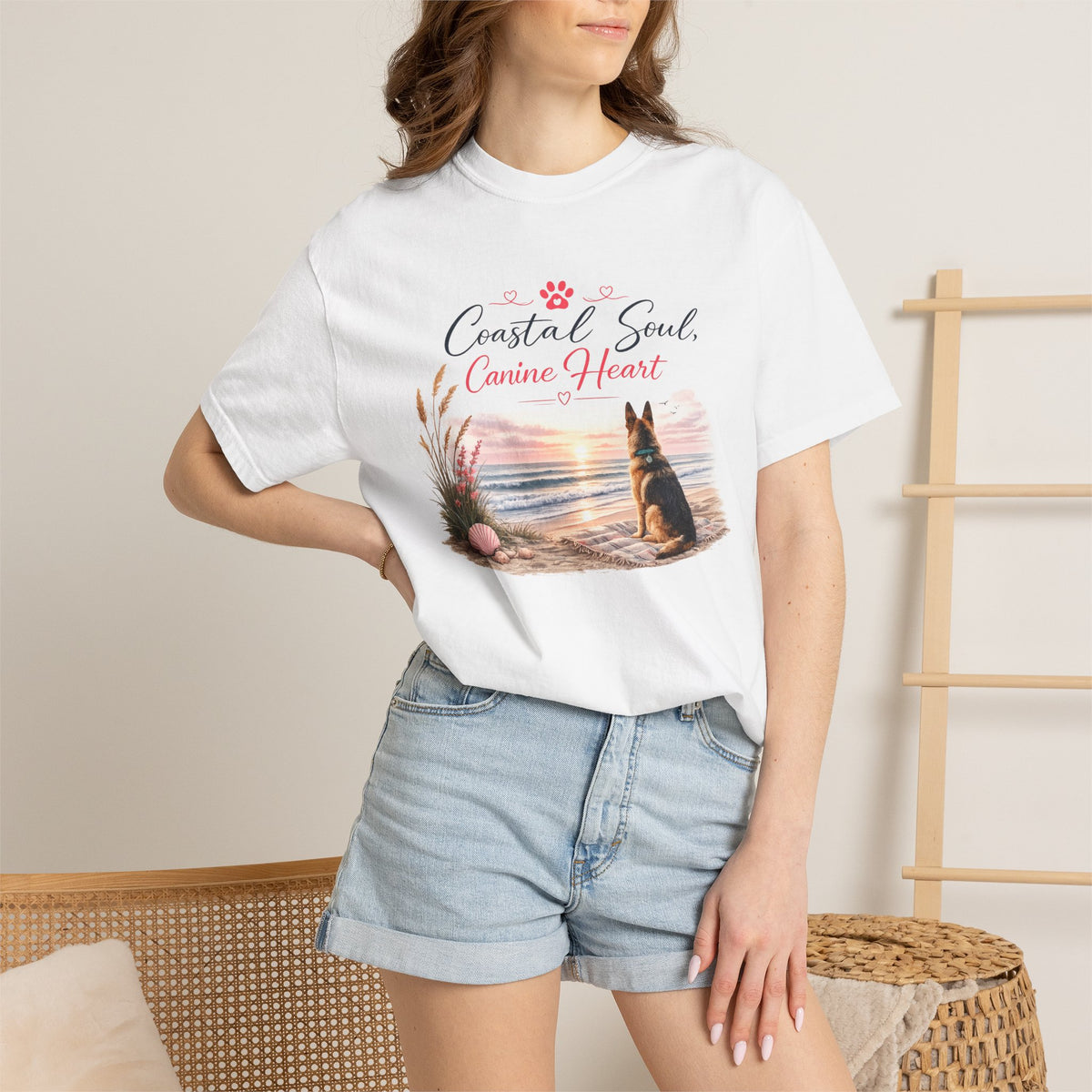 Coastal Soul Canine Heart T-shirt | Beach Dog Sunset Design