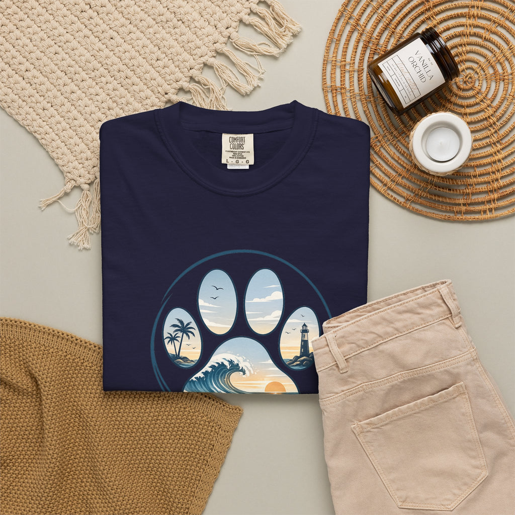 Ocean Paw Surf T-Shirt — Beach Sunset Paw Print Tee