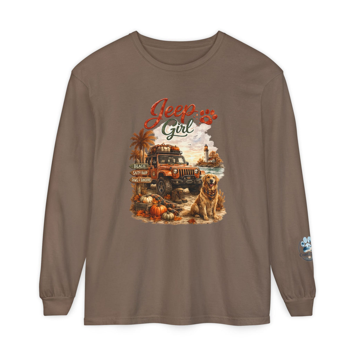 Jeep Girl Long Sleeve Tee — Fall Adventure Pumpkins & Dog Graphic