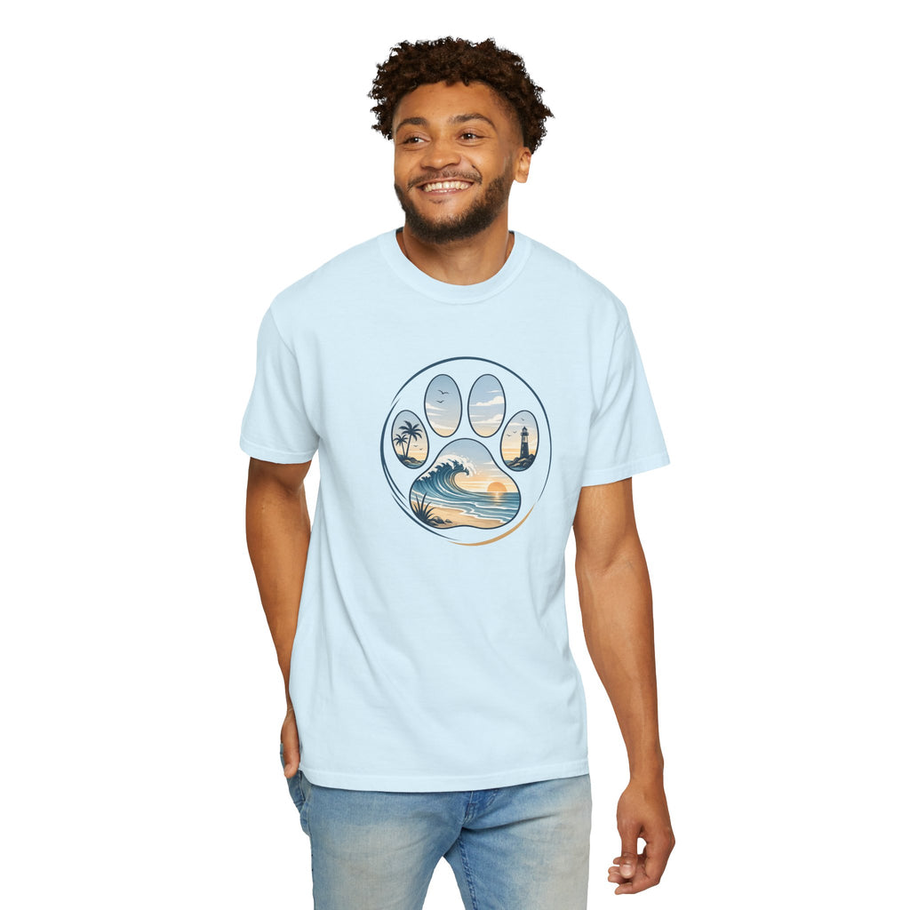 Ocean Paw Surf T-Shirt — Beach Sunset Paw Print Tee
